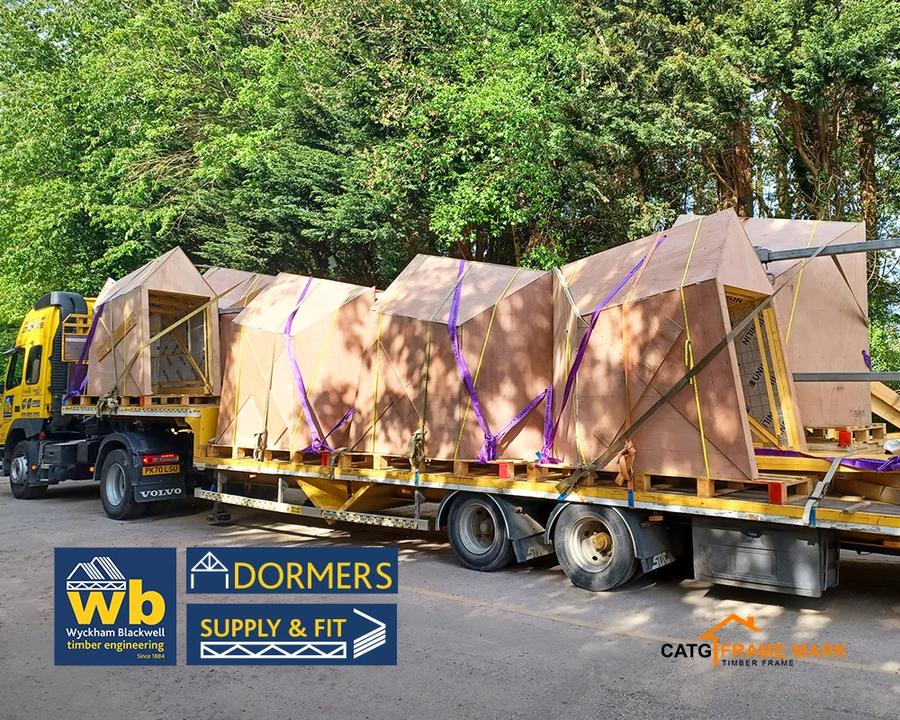 Sixteen pre-fabricated, pre-insulated and pre-slung Dormer Carcasses manufactured with Marine Grade Plywood, being loaded for delivery and installation, 100% On Time in Full, for a development of additional Residents Halls at Rugby School.