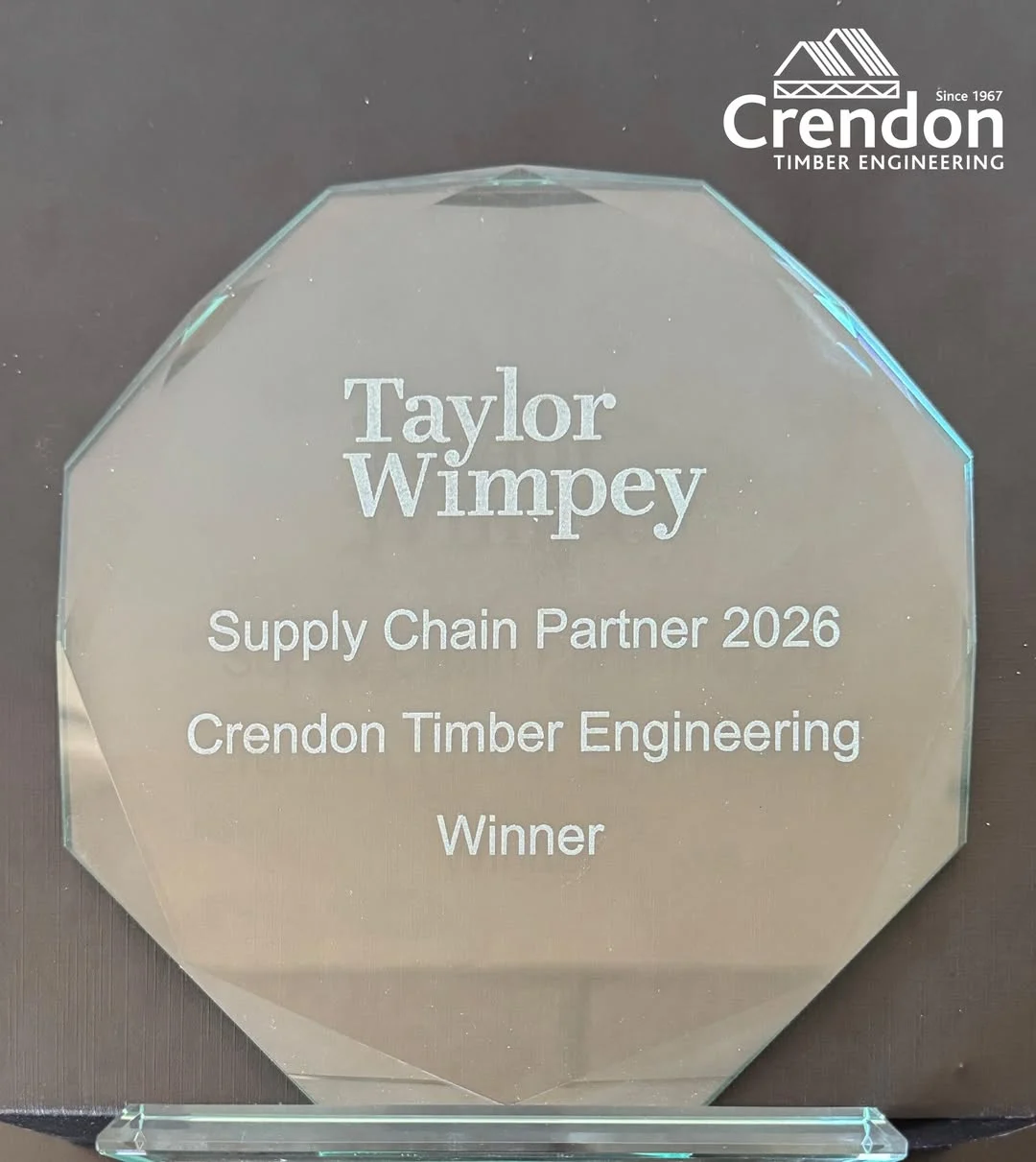 Glass Taylor Wimpey trophy won by Crendon Timber Engineering