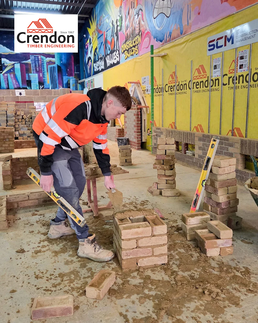Worker in orange hi-vis jacket laying bricks indoors with trowel and spirit level, Crendon signage visible in the background.