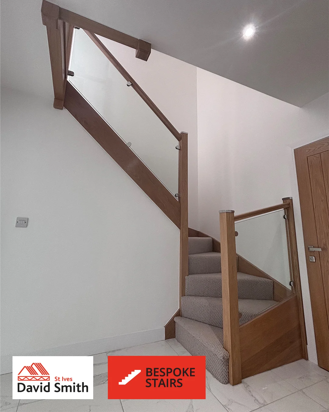 We designed, manufactured and supplied this Bespoke Oak Staircase for a home in Doddington, combining the natural warmth of Oak with the open feel of a clamp-fixed glass balustrade.